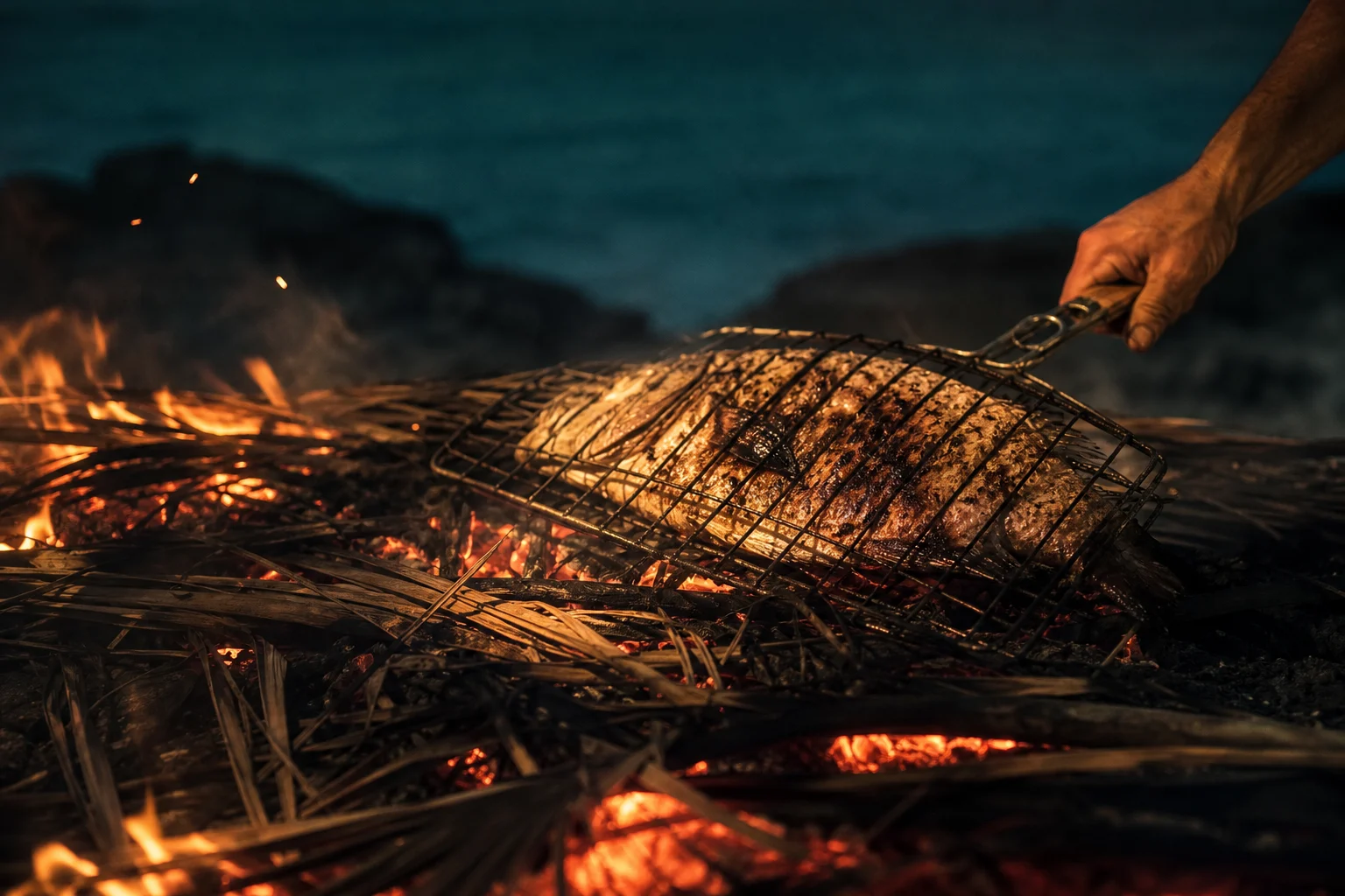 A whole fish charring over charcoal and palm fronds at dusk, a cook's arm turning the grill. An illustration generated for Sanbuk, not a photograph of its own.