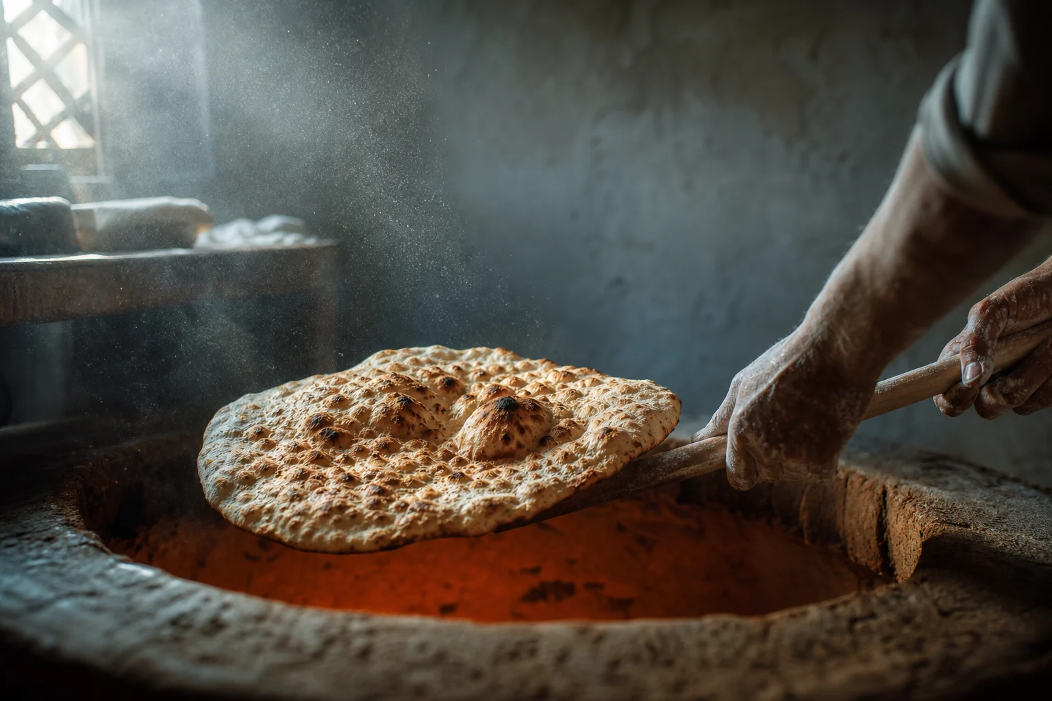 A baker's paddle lifting flatbread from a clay tannour, flour in the morning light. An illustration generated for Sanbuk, not a photograph of its own.