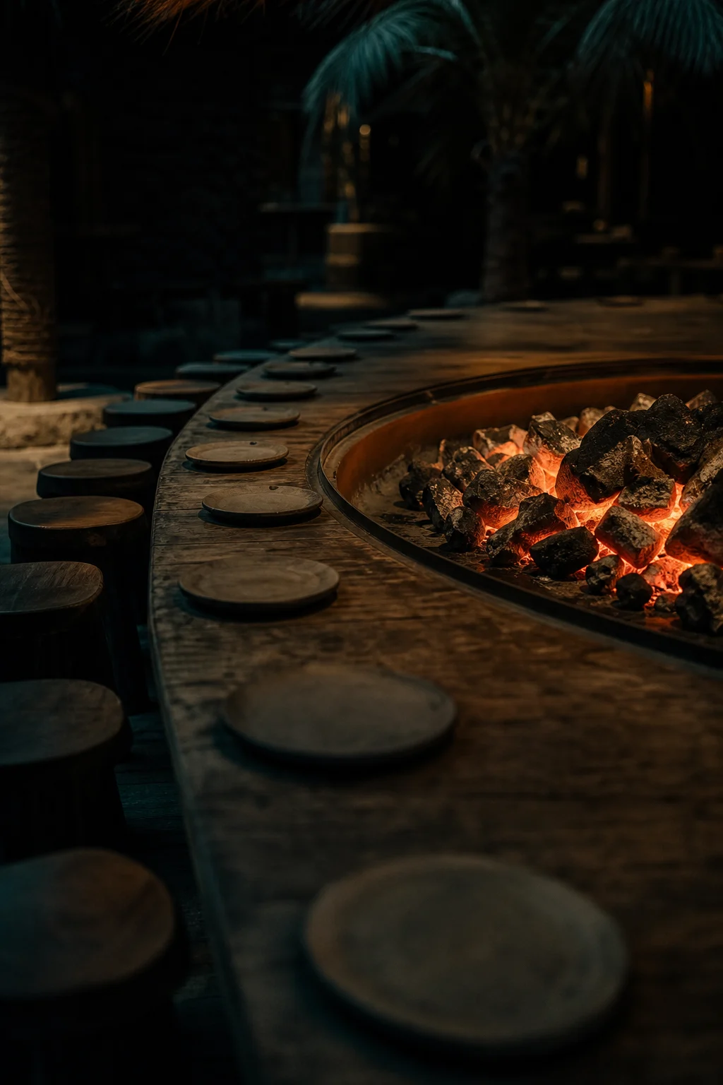 The Counter's charcoal grill glowing at the centre of a ring of twenty seats. An illustration generated for Sanbuk, not a photograph of its own.